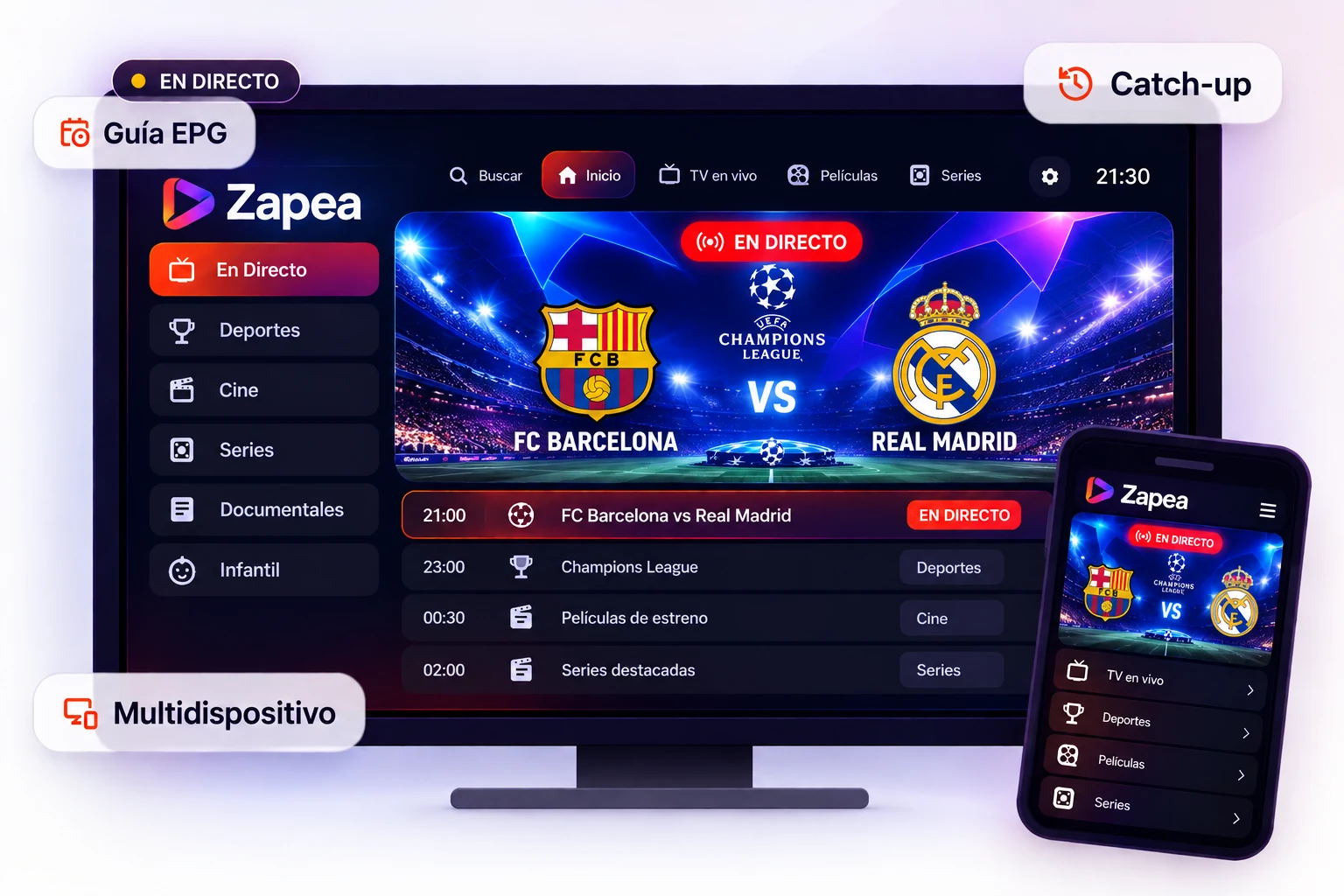 Zapea en una Smart TV y un móvil con una recreación visual de FC Barcelona contra Real Madrid en Champions League, guía EPG y contenido deportivo